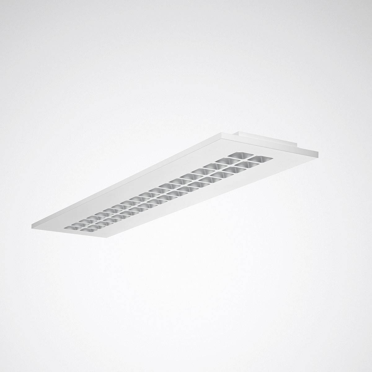 Una plafoniera rettangolare bianca con un design a griglia che distribuisce la luce in modo uniforme. Ideale per l'illuminazione di interni.