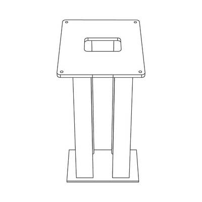 Disegno tecnico in bianco e nero di un podio rettangolare con un'apertura rettangolare al centro della superficie superiore.