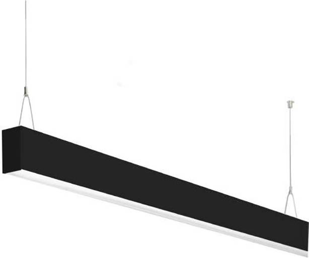 Una lampada a sospensione moderna, rettangolare, nera con due punti di attacco, adatta per un design d'interni minimalista.