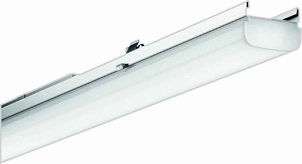'Plafoniera LED allungata e moderna con involucro chiaro, adatta per il montaggio a soffitto. Ideale per uffici o applicazioni industriali.'