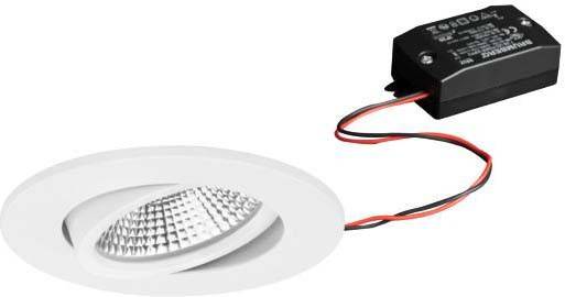 Un dispositivo di illuminazione LED rotondo e bianco da incasso con struttura a griglia sulla superficie; i cavi sono collegati a un involucro nero.