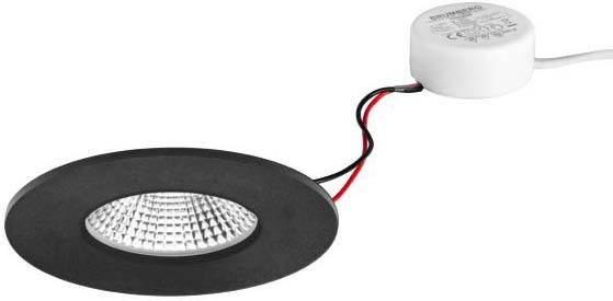 Faretto da incasso a LED nero con cavi e trasformatore rotondo. Ideale per l'illuminazione a basso consumo energetico in ambienti interni.