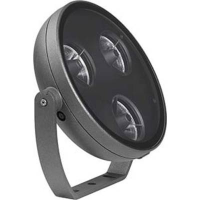 Lampada LED rotonda con tre lenti visibili, montata su un braccio metallico. Adatta per illuminazione interna o esterna.