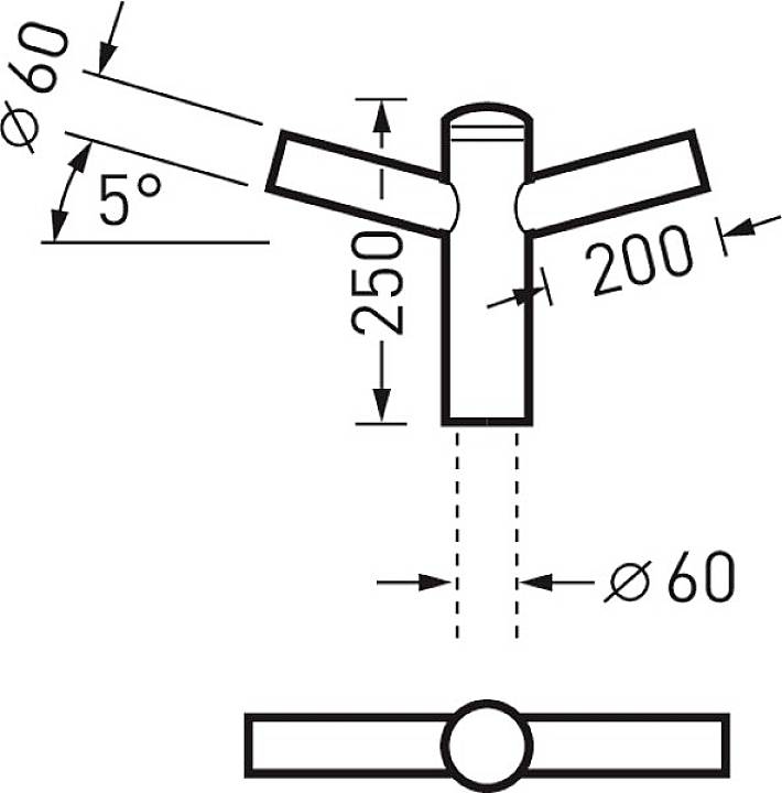 Schema mostra un pezzo di tubo a forma di T. Tubo principale: diametro 60, lunghezza 250. Tubi laterali: lunghi 200, inclinazione di 5°.