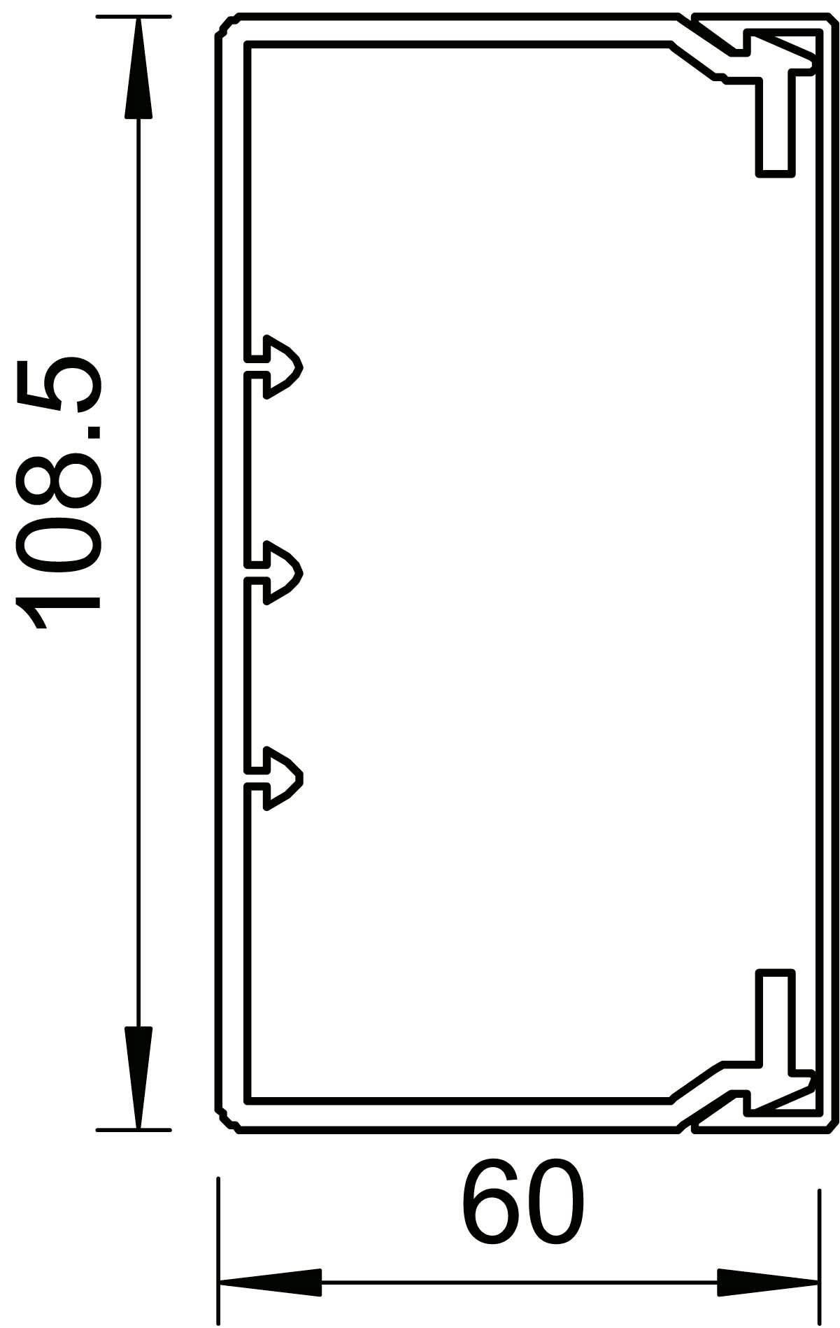 Disegno di una cornice rettangolare con dimensioni di 108,5 di altezza e 60 di larghezza. A destra sono presenti dettagli geometrici più piccoli.