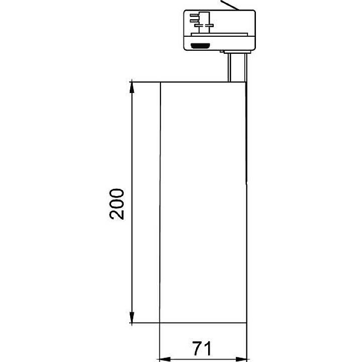 Disegno tecnico di un oggetto rettangolare con dimensioni 200 x 71. Nella parte superiore è presente una sezione più piccola con un elemento circolare.