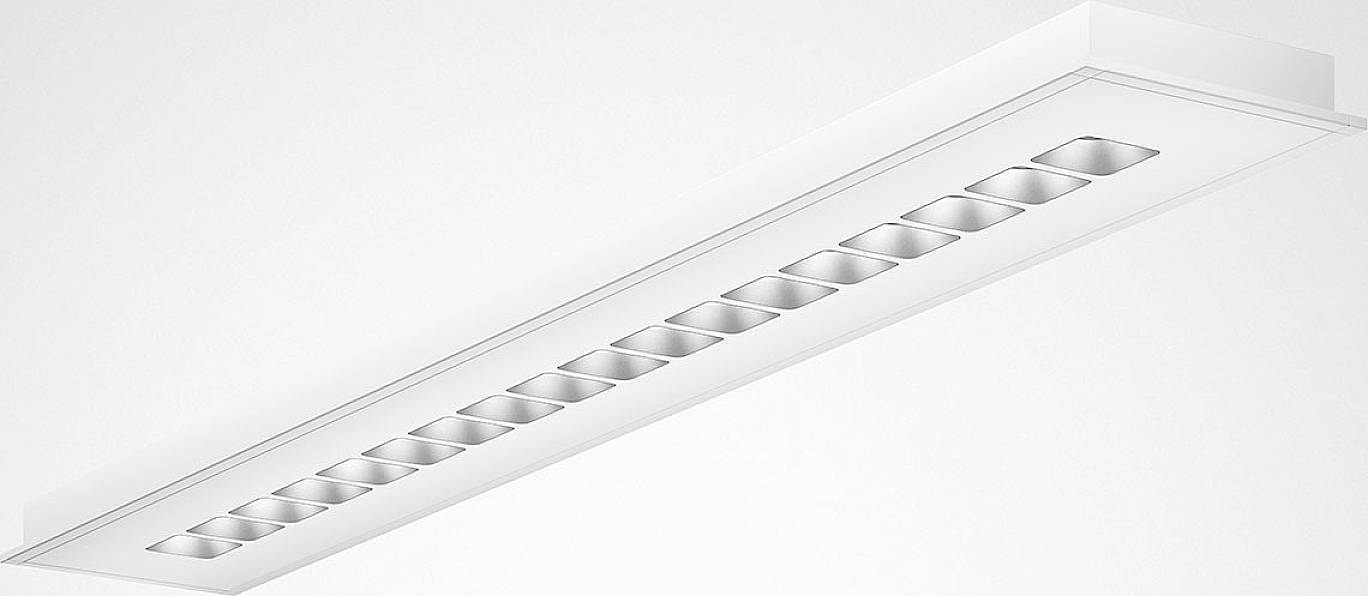 Plafoniera bianca rettangolare con sorgenti luminose disposte simmetricamente. Design minimalista, adatta per interni moderni.