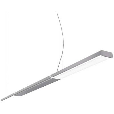 Elegante lampada a sospensione moderna con involucro in metallo e striscia LED, sospesa da due sottili cavi. Ideale per l'illuminazione di uffici o ambienti domestici.