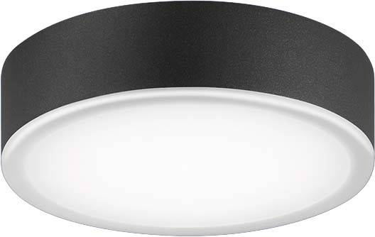 Una plafoniera rotonda con cornice nera e copertura bianca che emana una luce uniforme.