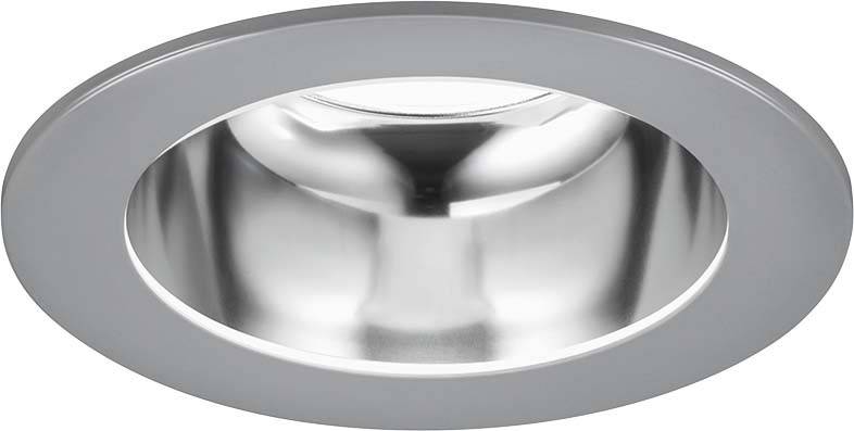 Un faretto rotondo argentato con superficie lucida, adatto per l'illuminazione d'interni moderna.