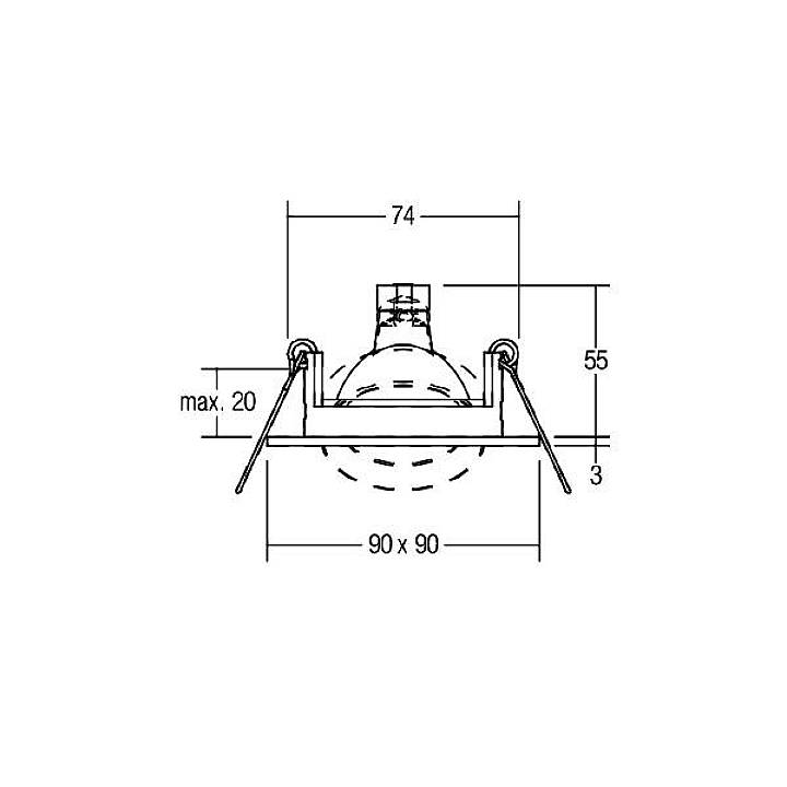 'Disegno tecnico di un faretto da incasso con dimensioni: 74 x 55 mm, altezza massima di installazione 20 mm, dimensione totale 90 x 90 mm.'