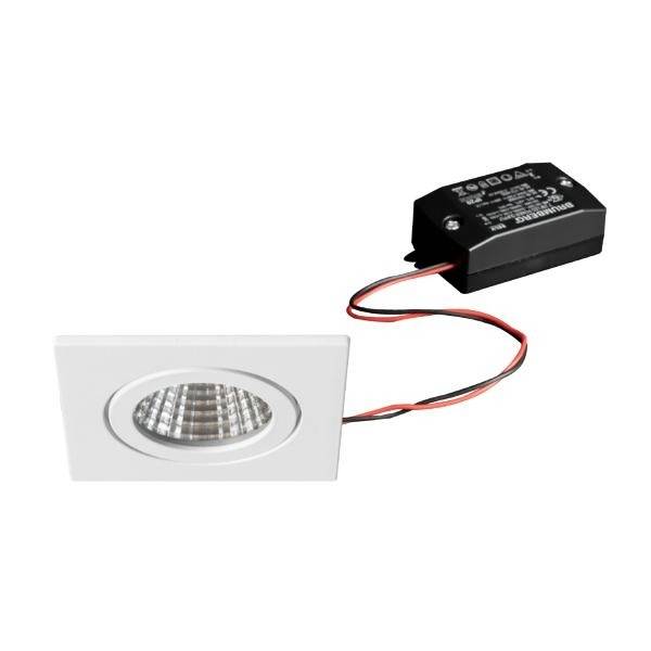Uno spot da incasso a soffitto rettangolare a LED con driver integrato. Lo spot è dotato di una lente rotonda e zigrinata ed è collegato con un cavo.
