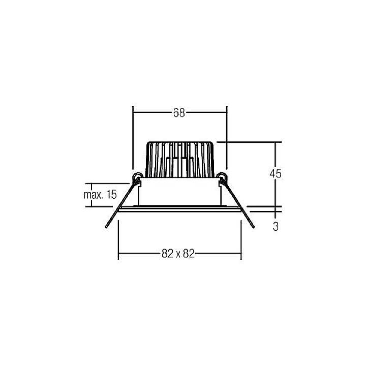 Disegno tecnico di una plafoniera quadrata con dimensioni 82 x 82 mm, profondità 45 mm, profondità di installazione massima 15 mm.