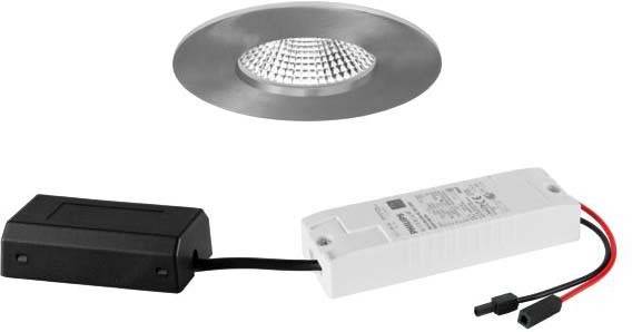 Plafoniera LED rotonda in involucro metallico con cavo di collegamento e unità di controllo elettrica, adatta per illuminazione d'interni.