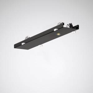 Plafoniera LED nera dal design minimalista, montata su un soffitto bianco. Offre illuminazione indiretta.