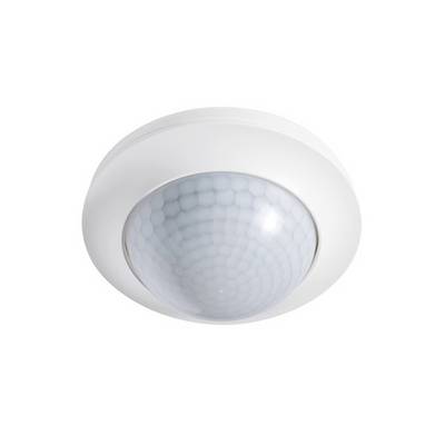 Rilevatore di movimento da soffitto bianco dal design circolare, idoneo al rilevamento di movimenti in ambienti interni per il controllo automatizzato dell'illuminazione.