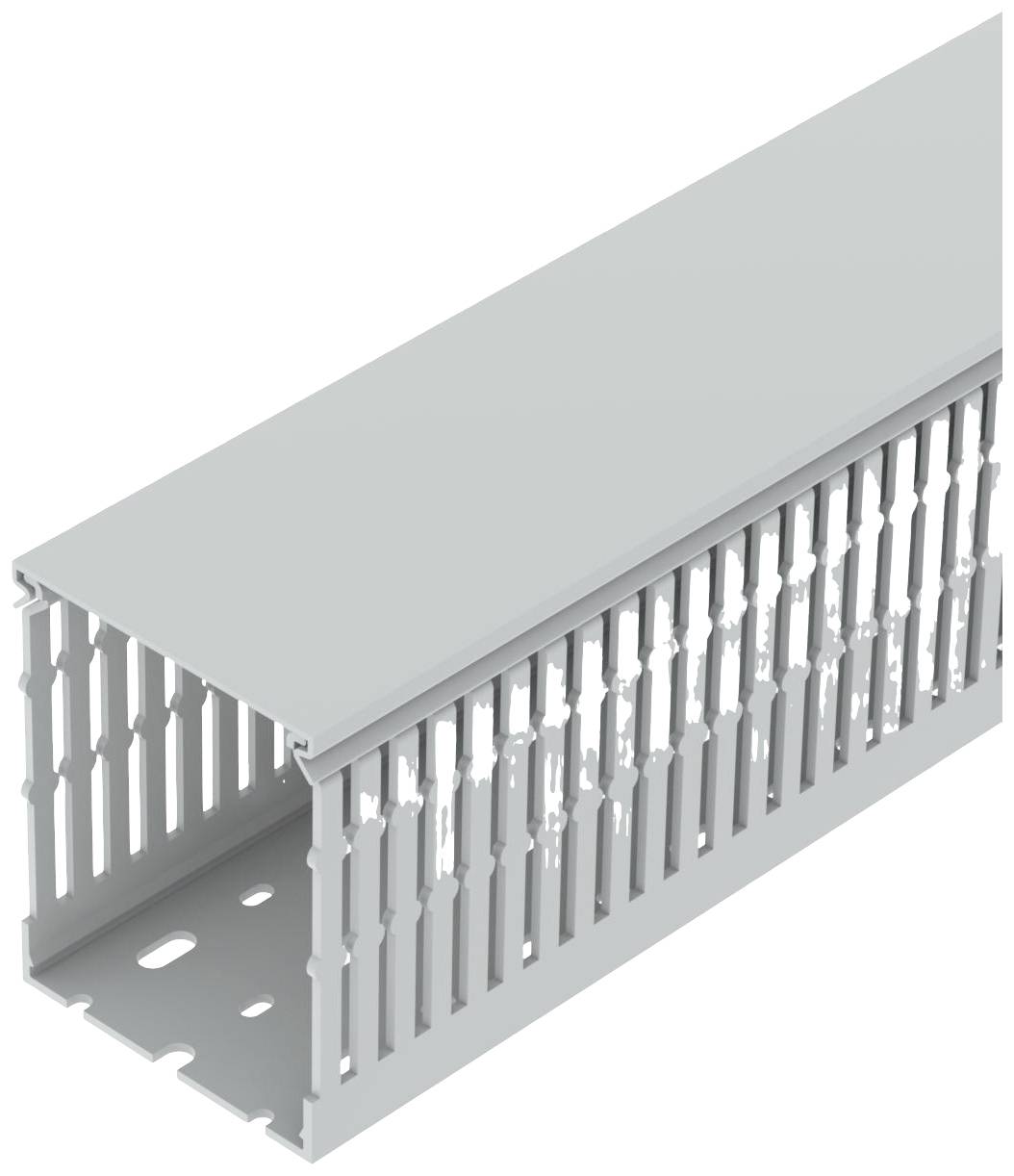 Un canale per cavi rettangolare grigio con fessure laterali per la ventilazione e l'accessibilità dei cavi.