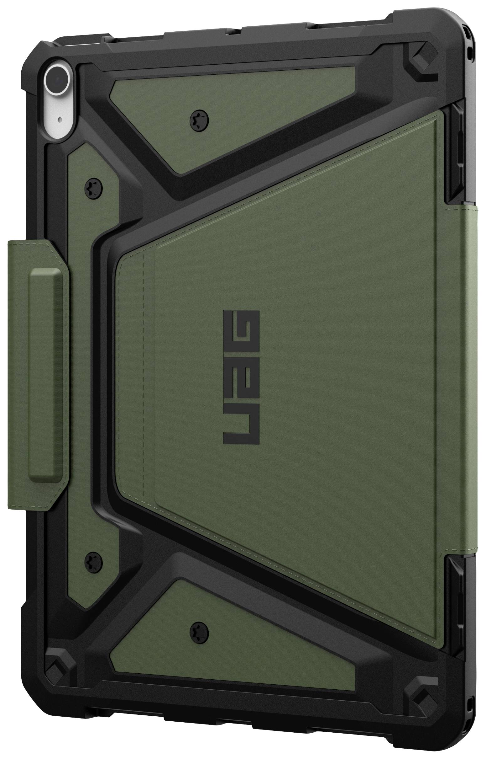 Custodia protettiva per tablet in verde oliva e nero, design robusto, angoli rialzati per una protezione migliore. Raffigurata in orientamento verticale.