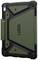 Custodia protettiva per tablet in verde oliva e nero, design robusto, angoli rialzati per una protezione migliore. Raffigurata in orientamento verticale.