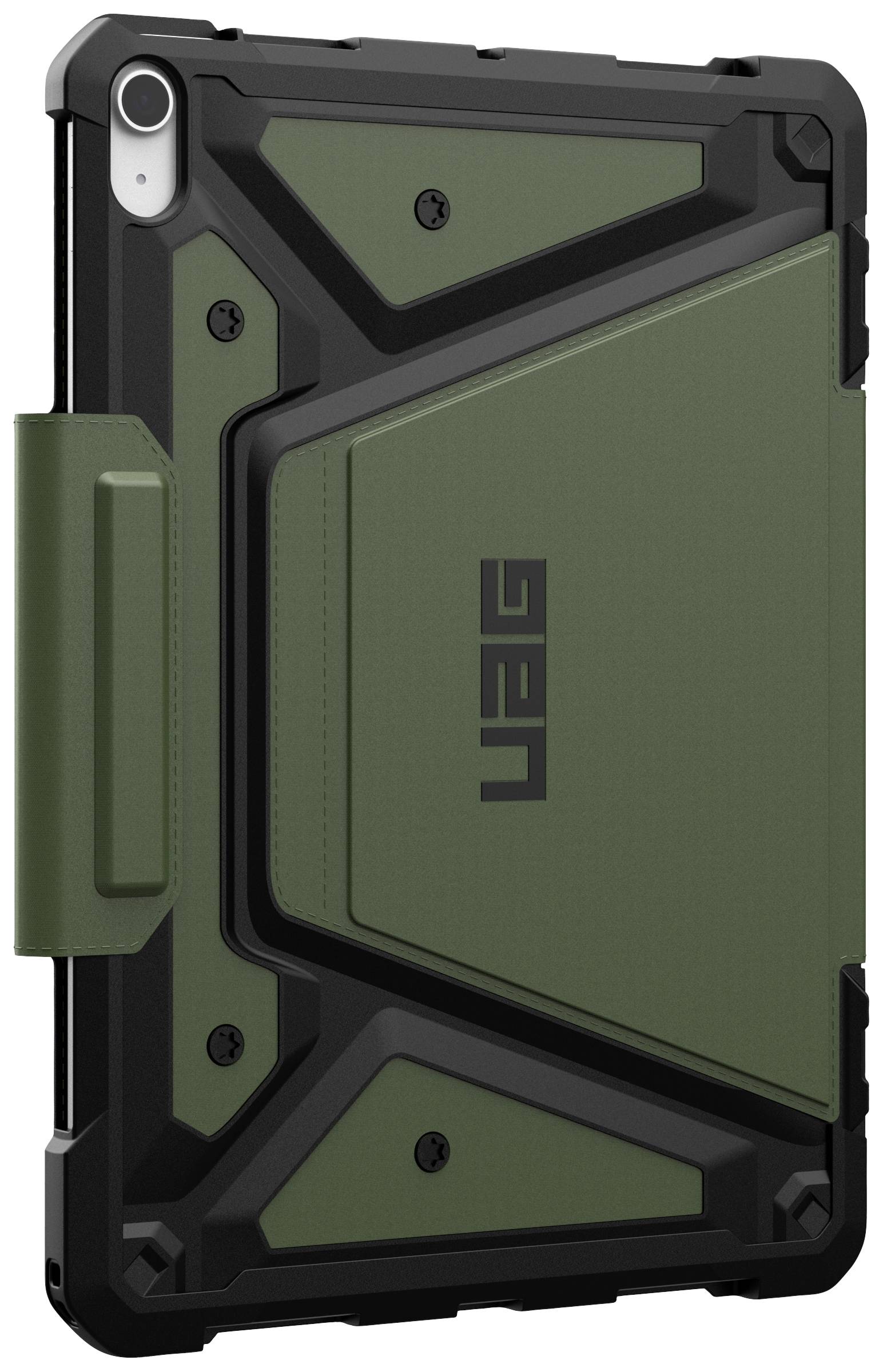 Custodia protettiva per tablet, verde e nera, design robusto con rivestimento in plastica, logo 'UAG' sul retro.