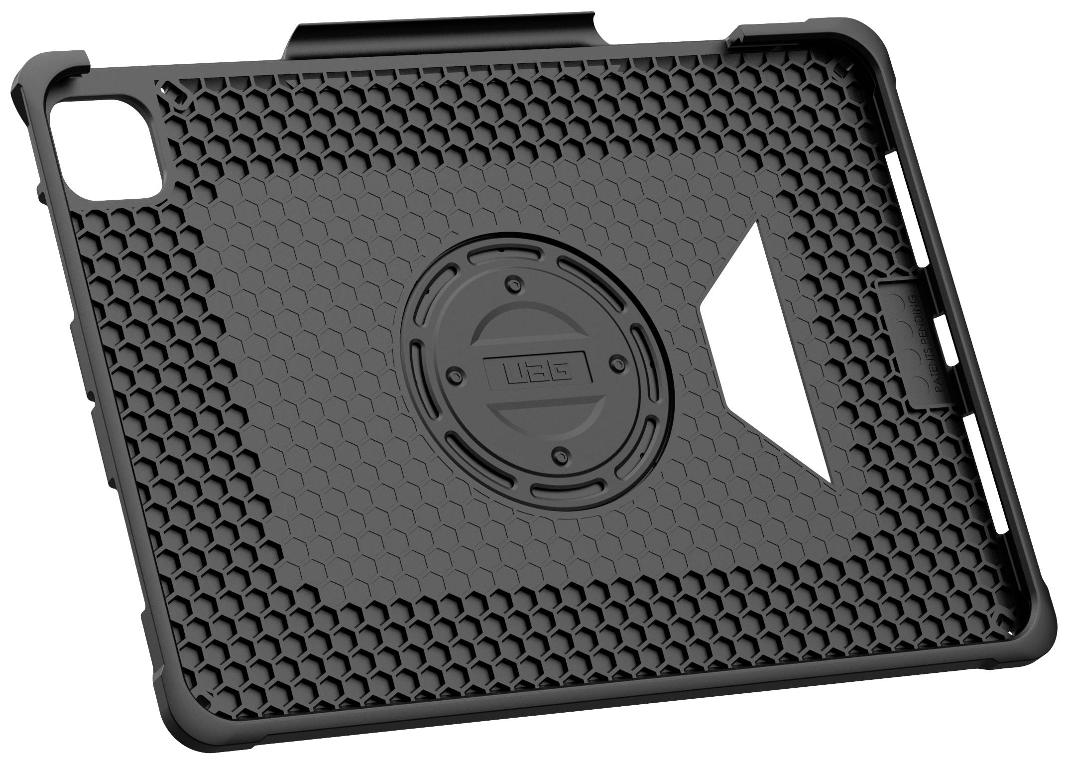 Cover nero, robusto con motivo a nido d'ape e supporto integrato per tablet. Offre protezione aggiuntiva e funzionalità.
