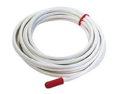 Un tubo bianco arrotolato con un'estremità rossa, è disteso piatto su una superficie.