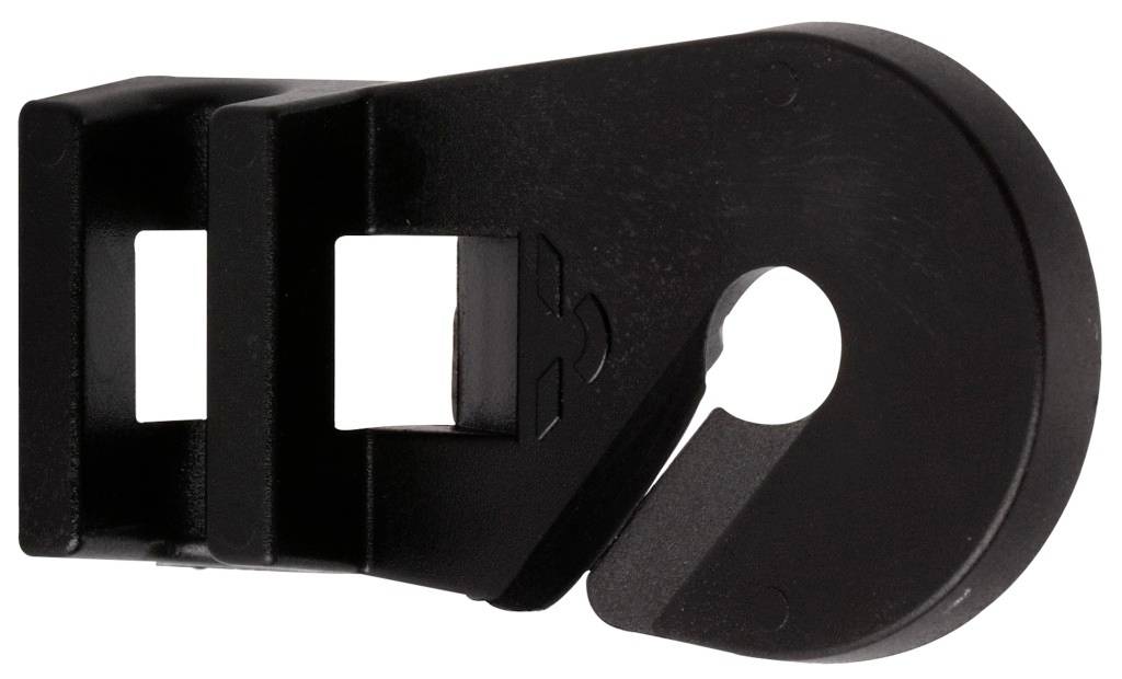 Clip nero in plastica con due aperture rettangolari e un gancio rotondo, utilizzato per fissare o bloccare oggetti.