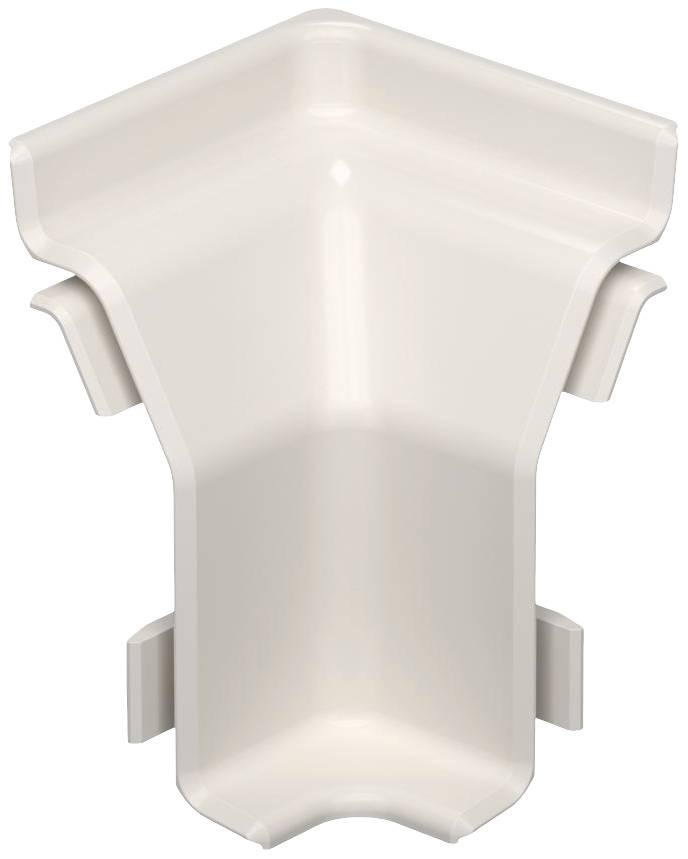 Un angolo per grondaia in PVC color crema che forma un angolo retto, con tre staffe di fissaggio.