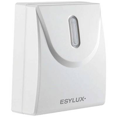 Un rilevatore di movimento bianco da parete con angoli arrotondati, nome del marchio 'ESYLUX' in basso a destra. Progettato per rilevare movimenti.