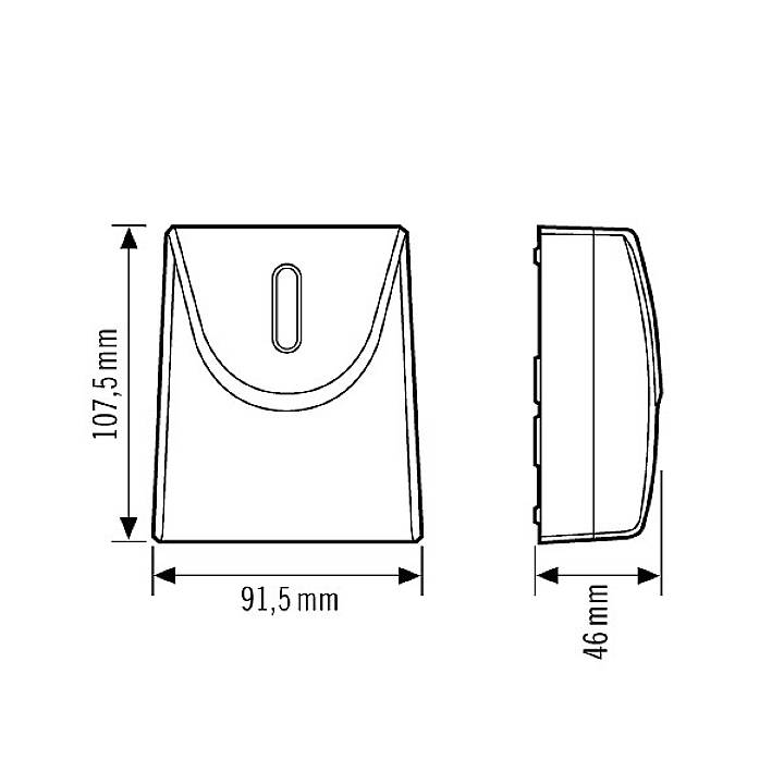 Disegno tecnico di un involucro rettangolare con dimensioni di 107,5 mm di altezza, 91,5 mm di larghezza e 46 mm di profondità.
