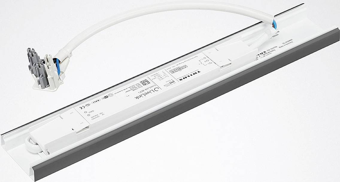 Driver LED con involucro bianco e connessione cavi, idoneo per l'installazione in apparecchi di illuminazione. Riporta specifiche tecniche sulla superficie.