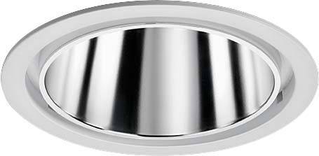 Un oggetto metallico ovale d'argento, probabilmente un riflettore o un involucro, con superficie liscia e lucente.