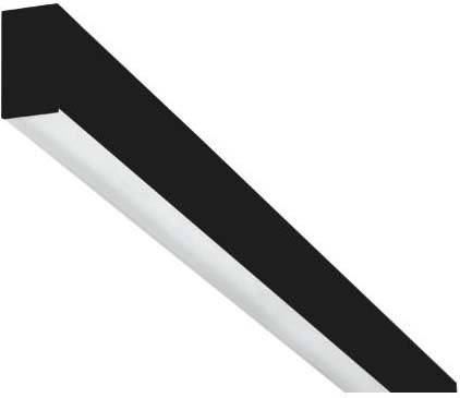 Immagine di una moderna lampada da soffitto nera con un involucro sottile e una striscia luminosa bianca che si estende diagonalmente.