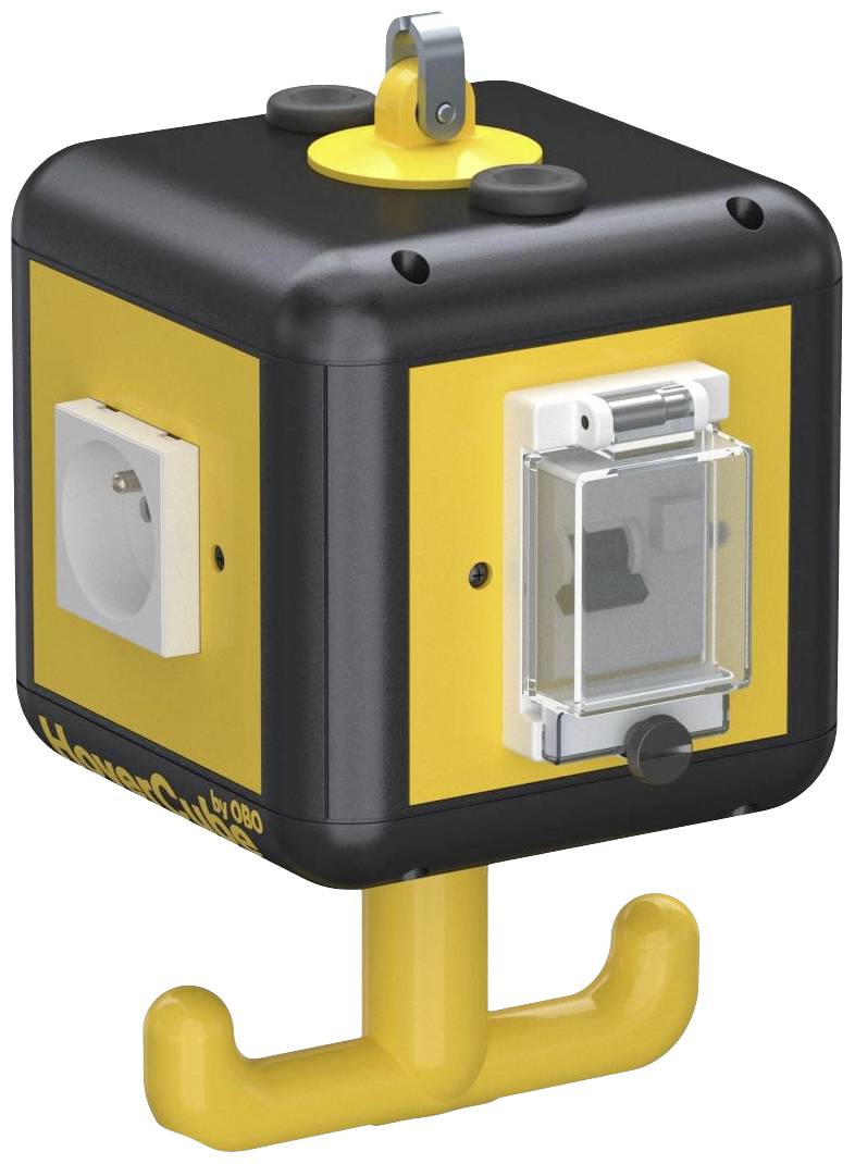 Un cubo multipresa giallo e nero con una presa elettrica e protezione trasparente. Su un lato è presente un gancio giallo.