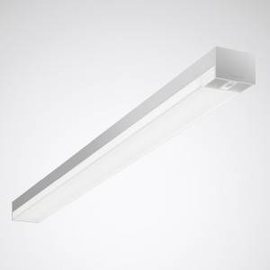Una lunga plafoniera LED rettangolare dal design moderno, montata in un interno, illumina efficacemente l'ambiente.
