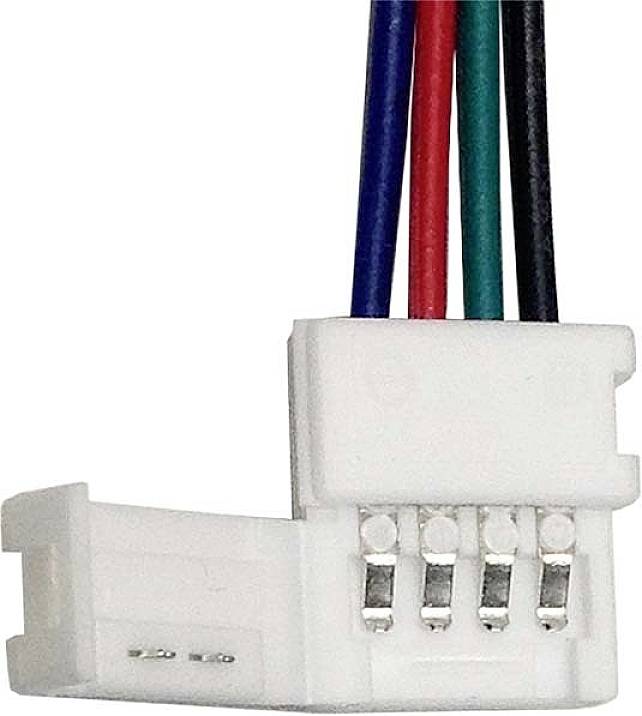 Primo piano di un connettore bianco a 4 pin con quattro cavi colorati (rosso, blu, verde, nero), ciascuno collegato ai rispettivi pin.