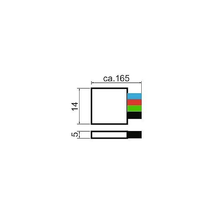 'Rappresentazione schematica di una sezione rettangolare: 14 x 165 mm. Quattro piani colorati (rosso, blu, verde, nero) sulla superficie superiore.'