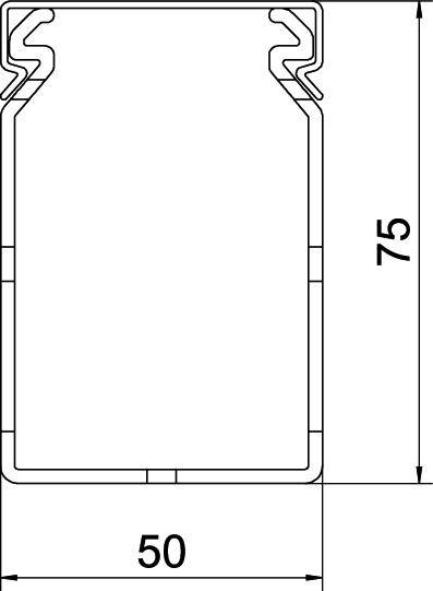 Disegno tecnico di un profilo rettangolare con dimensioni: larghezza 50 mm, altezza 75 mm. Sono visibili strutture interne complesse.