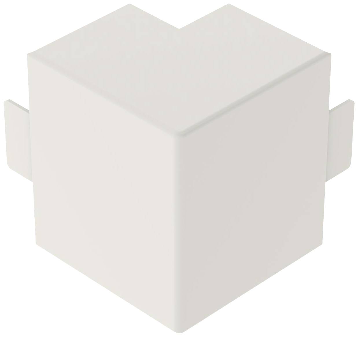 Un oggetto bianco, a forma di cubo con angoli smussati e piccole ali laterali, che potrebbe essere parte di un sistema modulare.