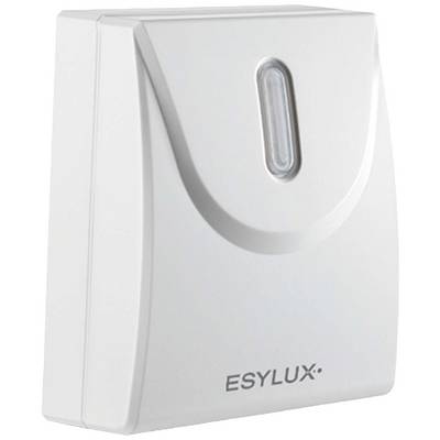 Un rilevatore di movimento bianco del marchio Esylux, montato su una parete, serve per rilevare automaticamente i movimenti all'interno di un ambiente.