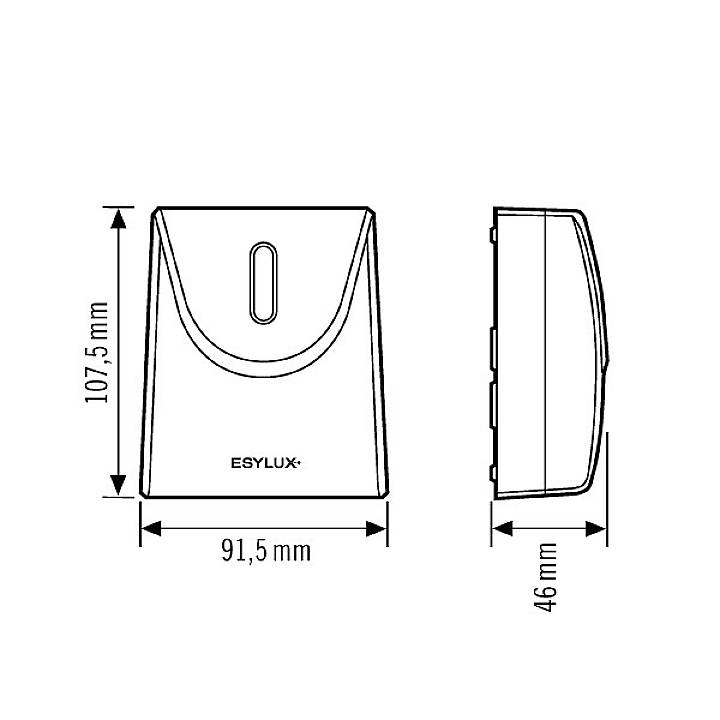 Disegno tecnico di un dispositivo elettrico con le seguenti dimensioni: altezza 107,5 mm, larghezza 91,5 mm, profondità 46 mm.