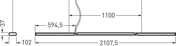 Disegno tecnico di un oggetto rettangolare con dimensioni di 1100 mm di altezza, 2107,5 mm di larghezza e 102 mm di profondità.