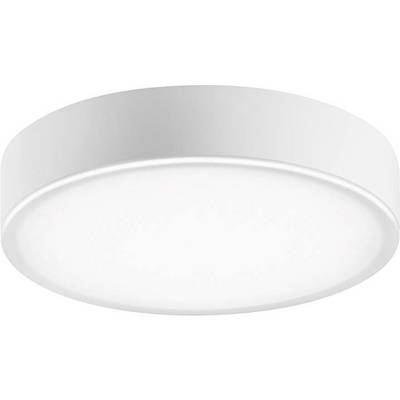 Plafoniera rotonda bianca con paralume liscio, emana una luce diffusa.