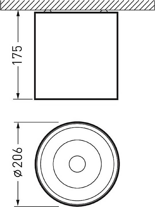 Disegno tecnico di un oggetto quadrato con dimensioni 175 x 175 mm. Vista circolare con diametro di 206 mm.