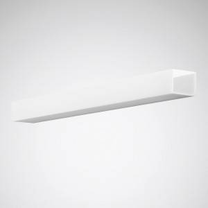 Una plafoniera rettangolare bianca su sfondo grigio, dal design minimale, rappresentata in modo sospeso.