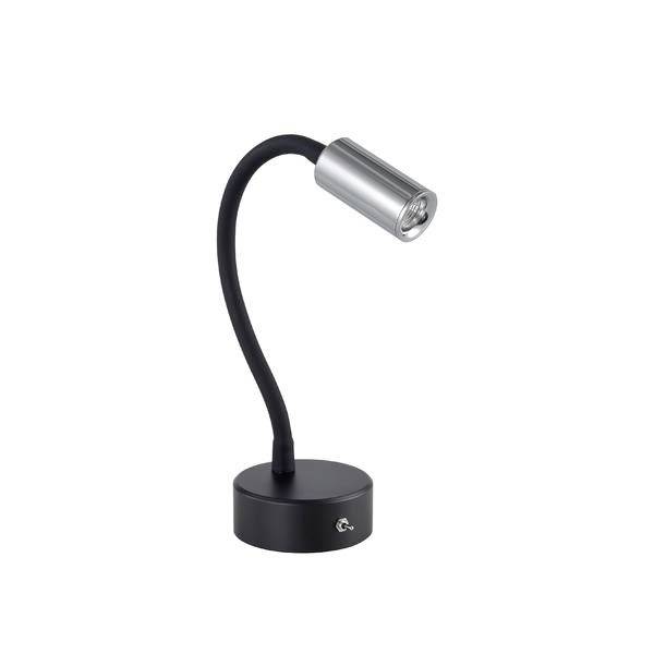 Una lampada da lettura flessibile nera con testa argentata, montata su base rotonda. Ideale per illuminare libri con precisione.