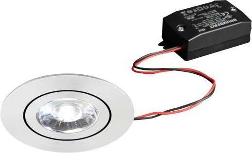 Plafoniera LED rotonda raffigurata con trasformatore nero e cavi rossi.