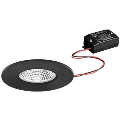Una plafoniera LED rotonda con cornice nera e cavo collegato, adatta per applicazioni da incasso, su sfondo bianco.