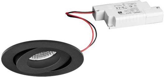 Un faretto LED da incasso nero con cavi e dispositivo di connessione, idoneo per il montaggio a soffitto in ambienti interni.