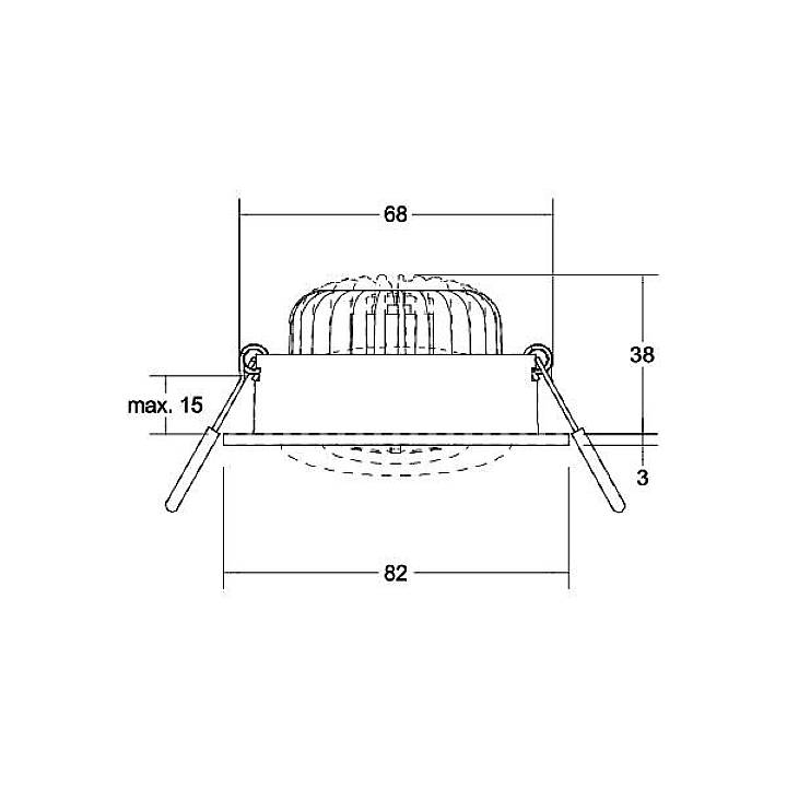 Disegno tecnico di un faretto da incasso rotondo con le seguenti misure: diametro 82 mm, altezza 38 mm, profondità di installazione massima 15 mm.